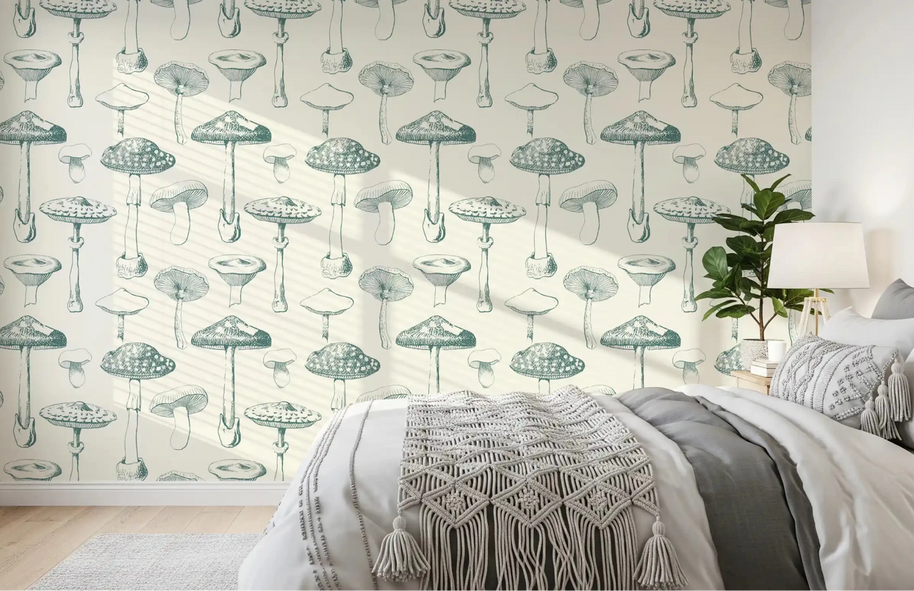 Bedroom wall in Verdant Spore Study wallpaper with sage sketches
