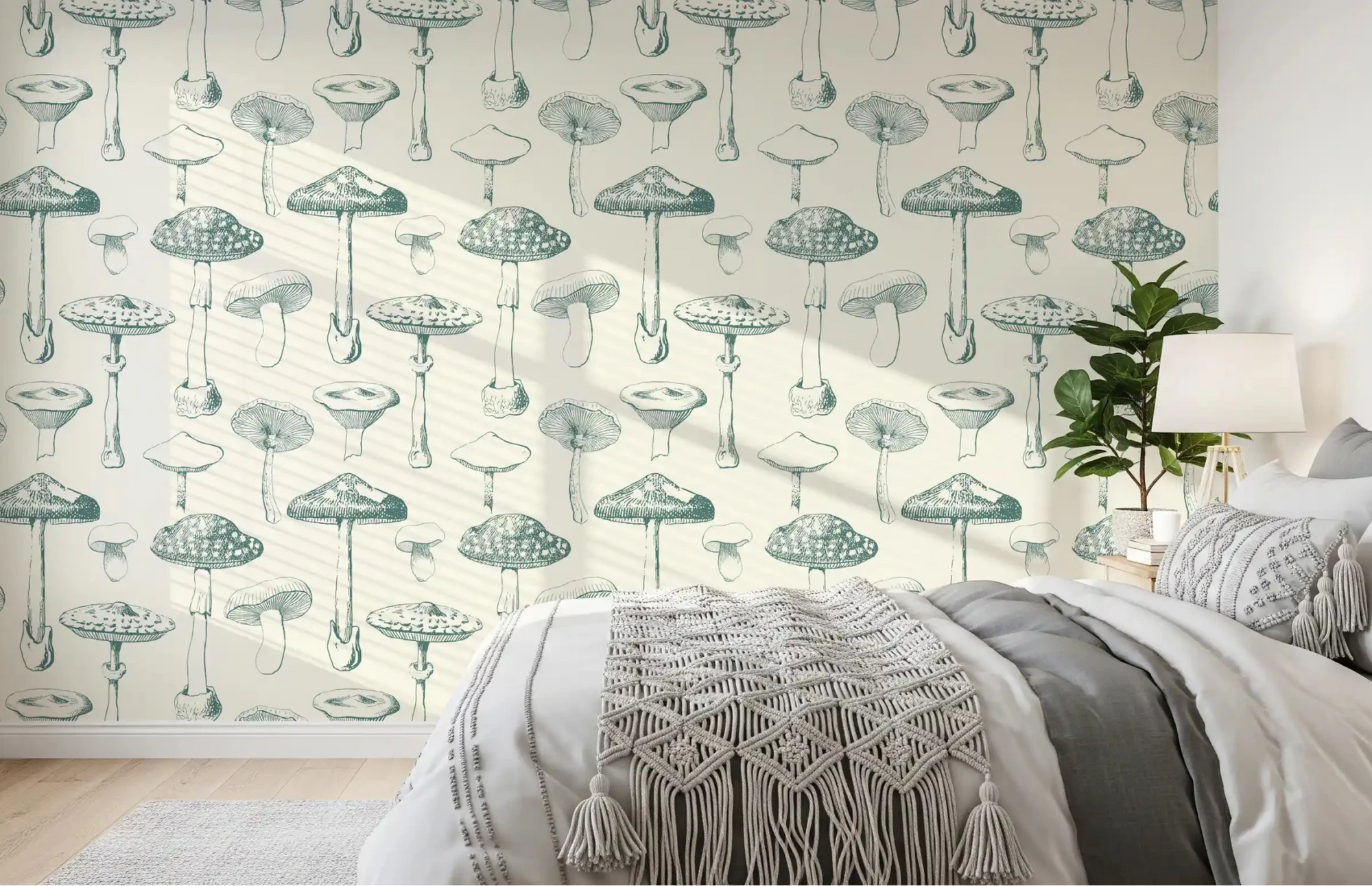 Bedroom wall in Verdant Spore Study wallpaper with sage sketches, GD9332