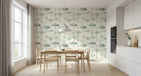 Dining room finished in Verdant wallpaper with airy fungi art