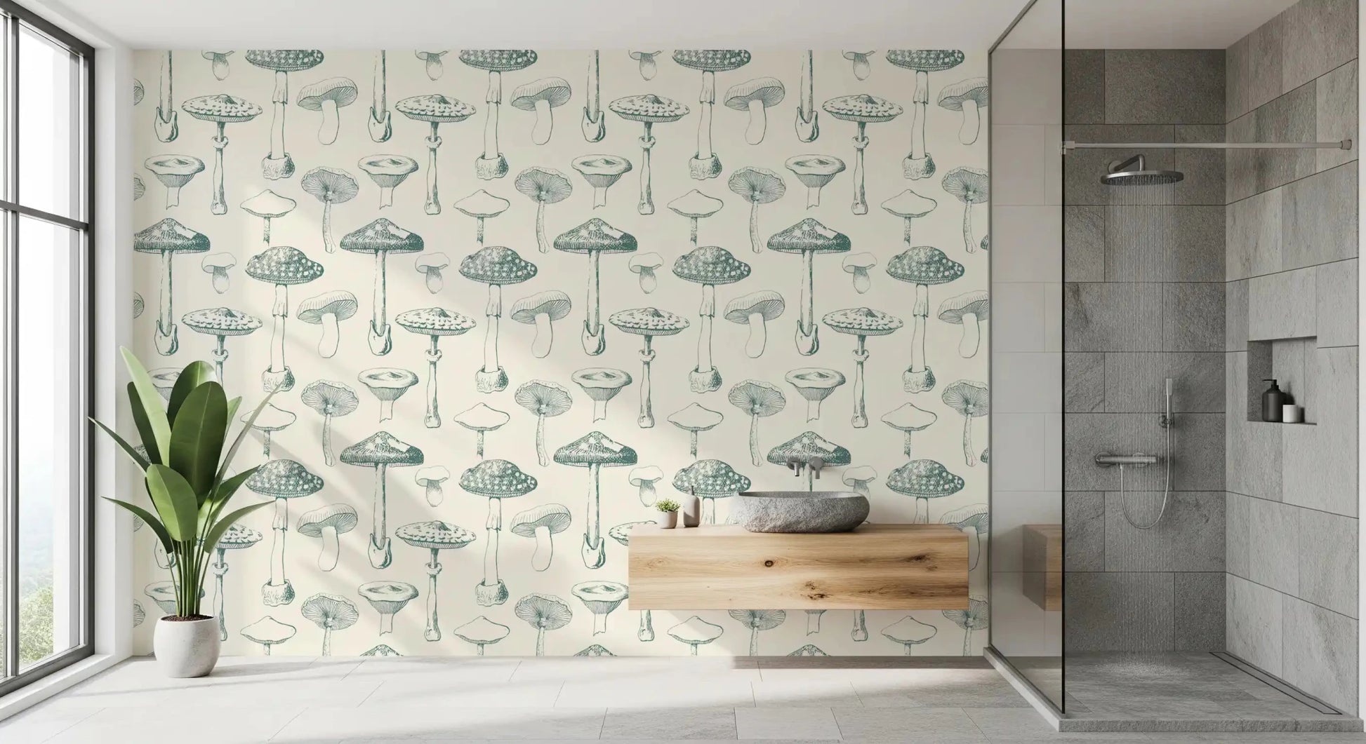 Calm ivory base with Verdant Study mushroom illustrations