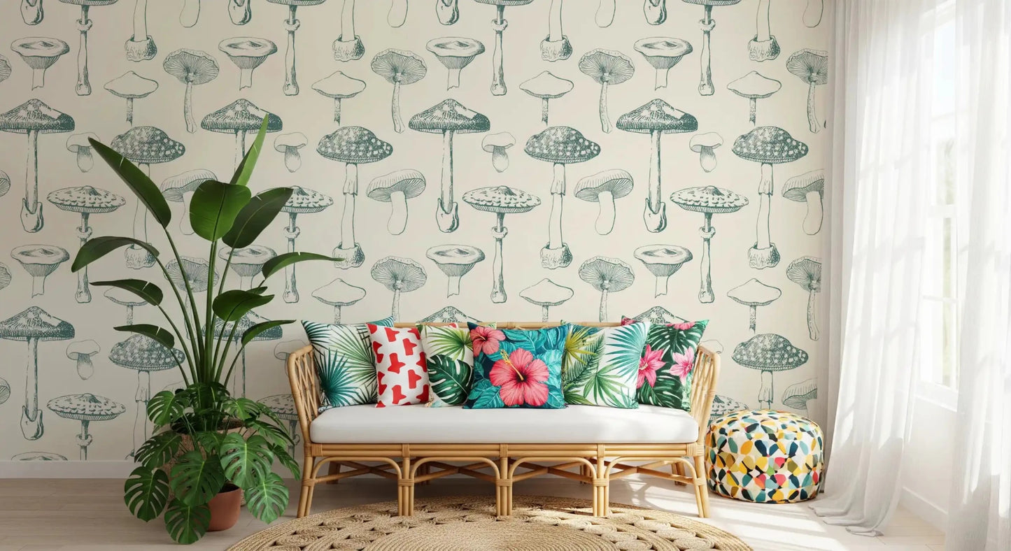Sage mushroom motifs define the Verdant Wallpaper surface