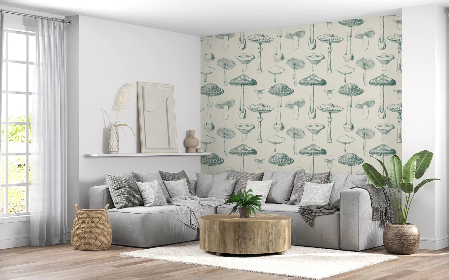 Living room with Spore Study wallpaper in calm botanical tones