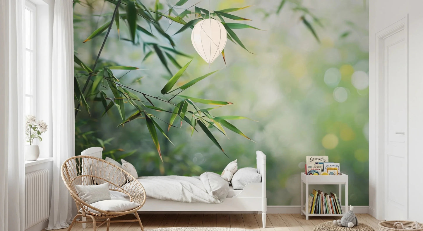 Calming nature-inspired green wall mural