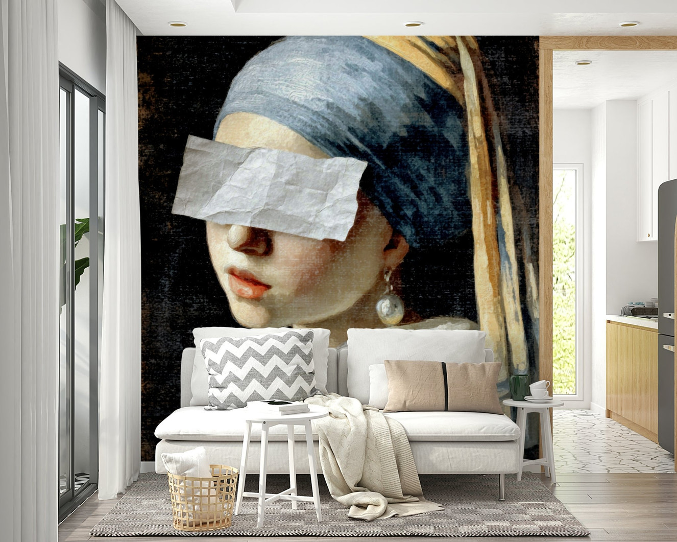 An artistic wall mural of Vermeer's Girl with a Pearl Earring.

