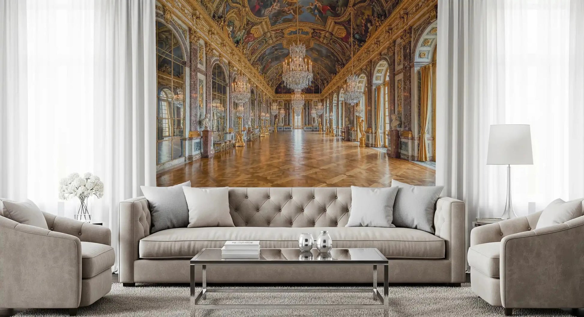 Crystal chandeliers line the painted ceiling of this Versailles Hall of Mirrors wall mural.GD9530