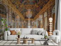 Hall of Mirrors wall mural opens the living room into a long Versailles corridor.GD9530
