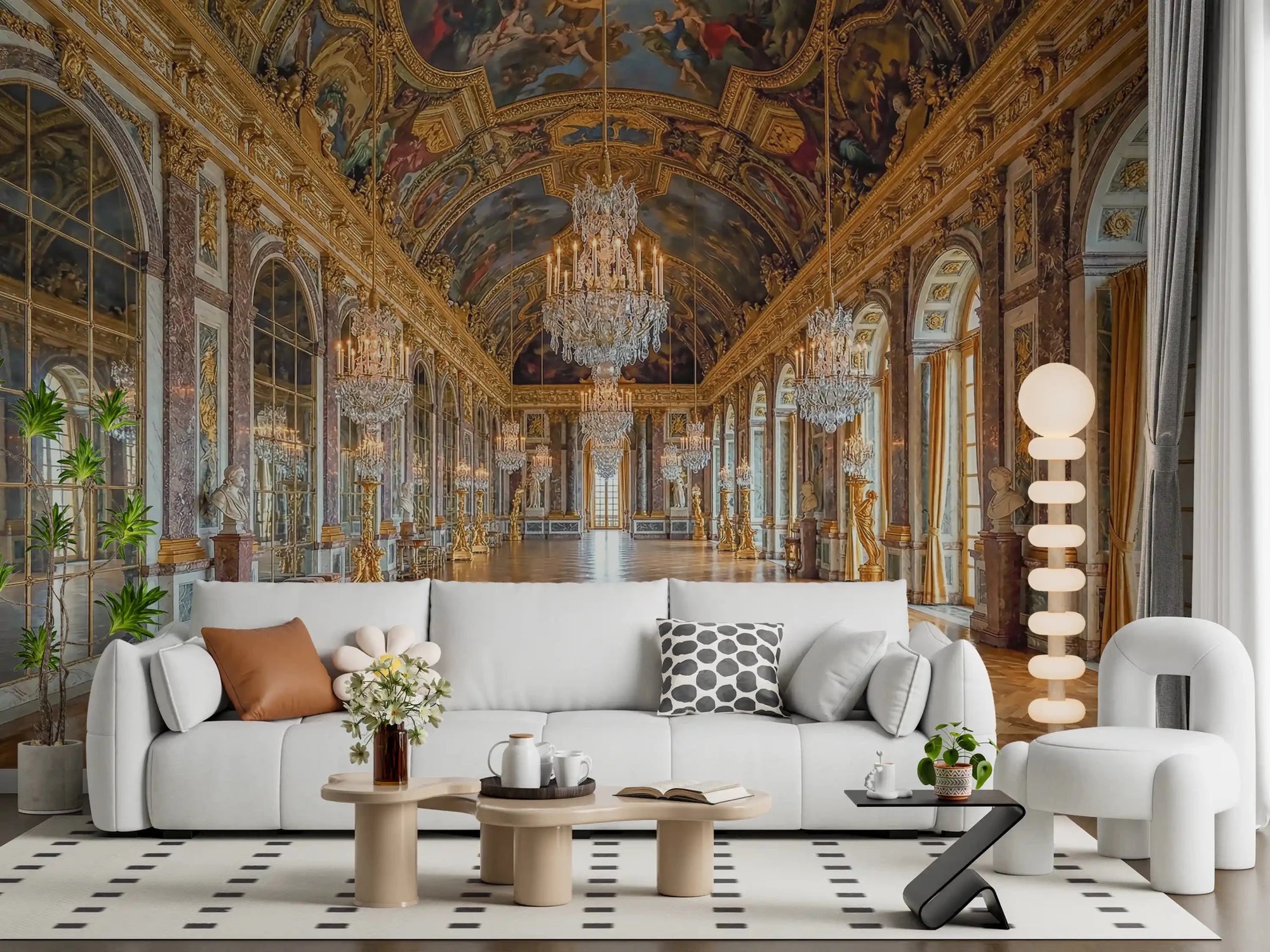 Hall of Mirrors wall mural opens the living room into a long Versailles corridor.GD9530