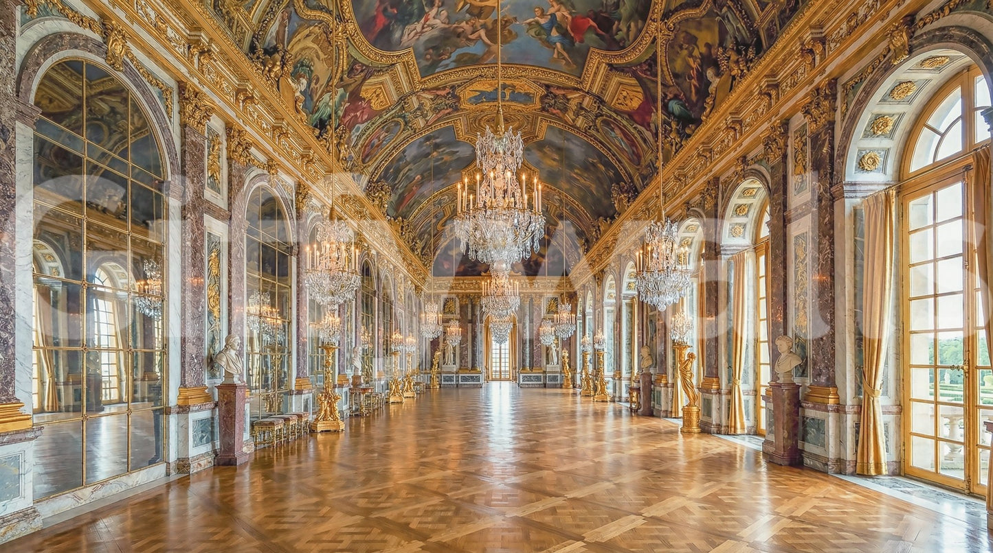 Marble columns and gilt detail frame each archway in this Hall of Mirrors wall mural.GD9530