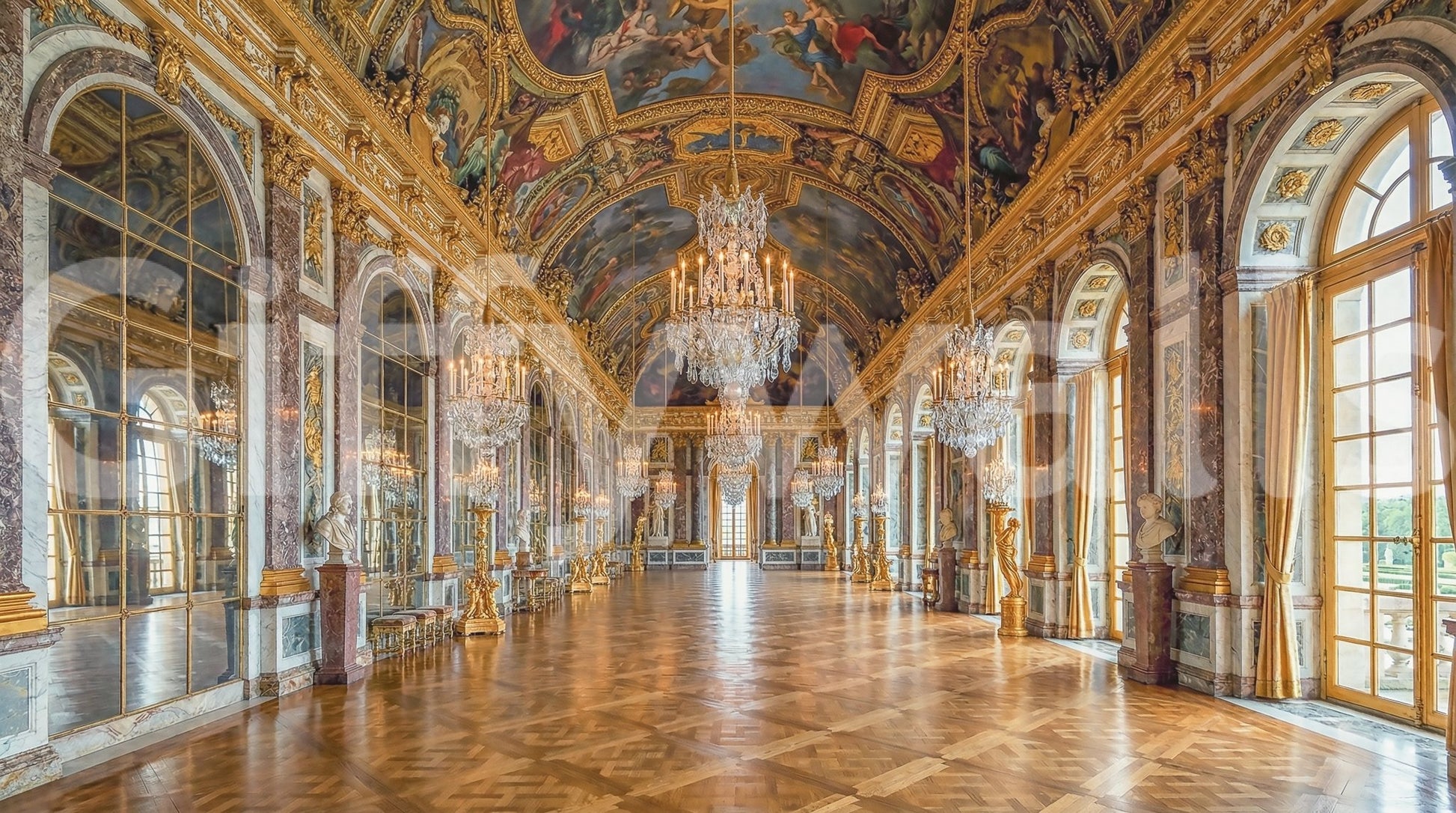 Marble columns and gilt detail frame each archway in this Hall of Mirrors wall mural.GD9530