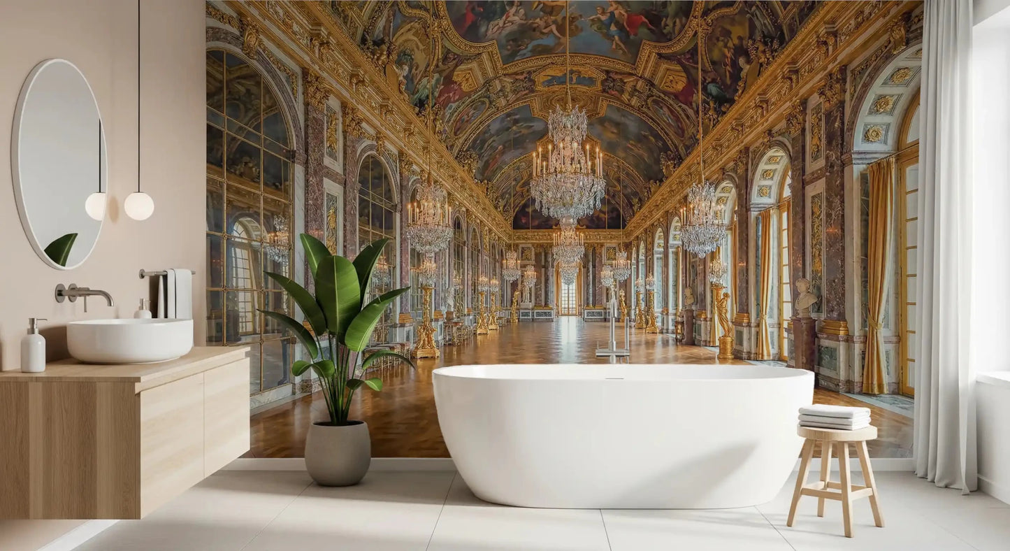 Polished parquet floor stretches the full length of this Versailles wall mural scene.GD9530