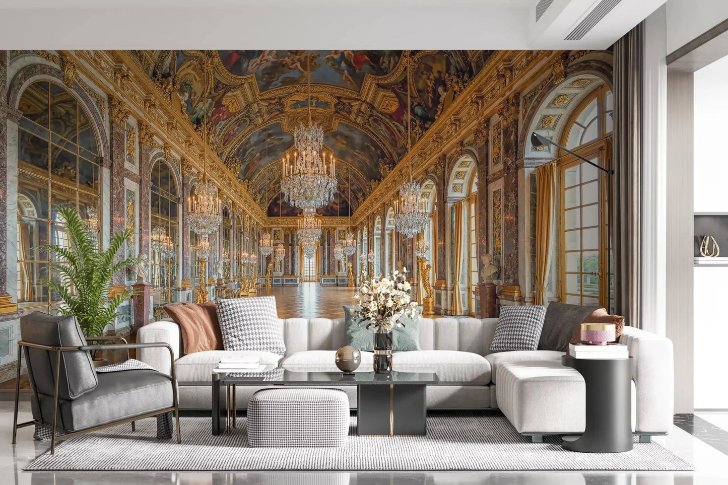 Inside the Living room, this Versailles Hall of Mirrors wall mural adds golden palace depth.GD9530