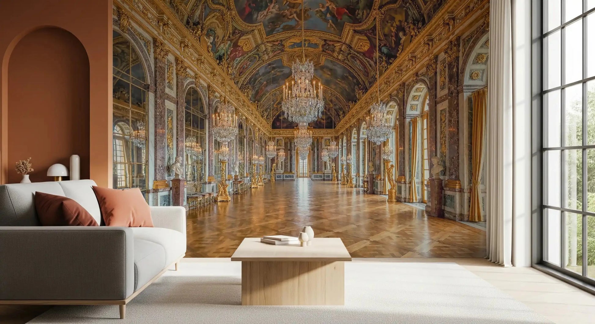 Tall arched windows face gilded mirrors across this Versailles palace wall mural.GD9530