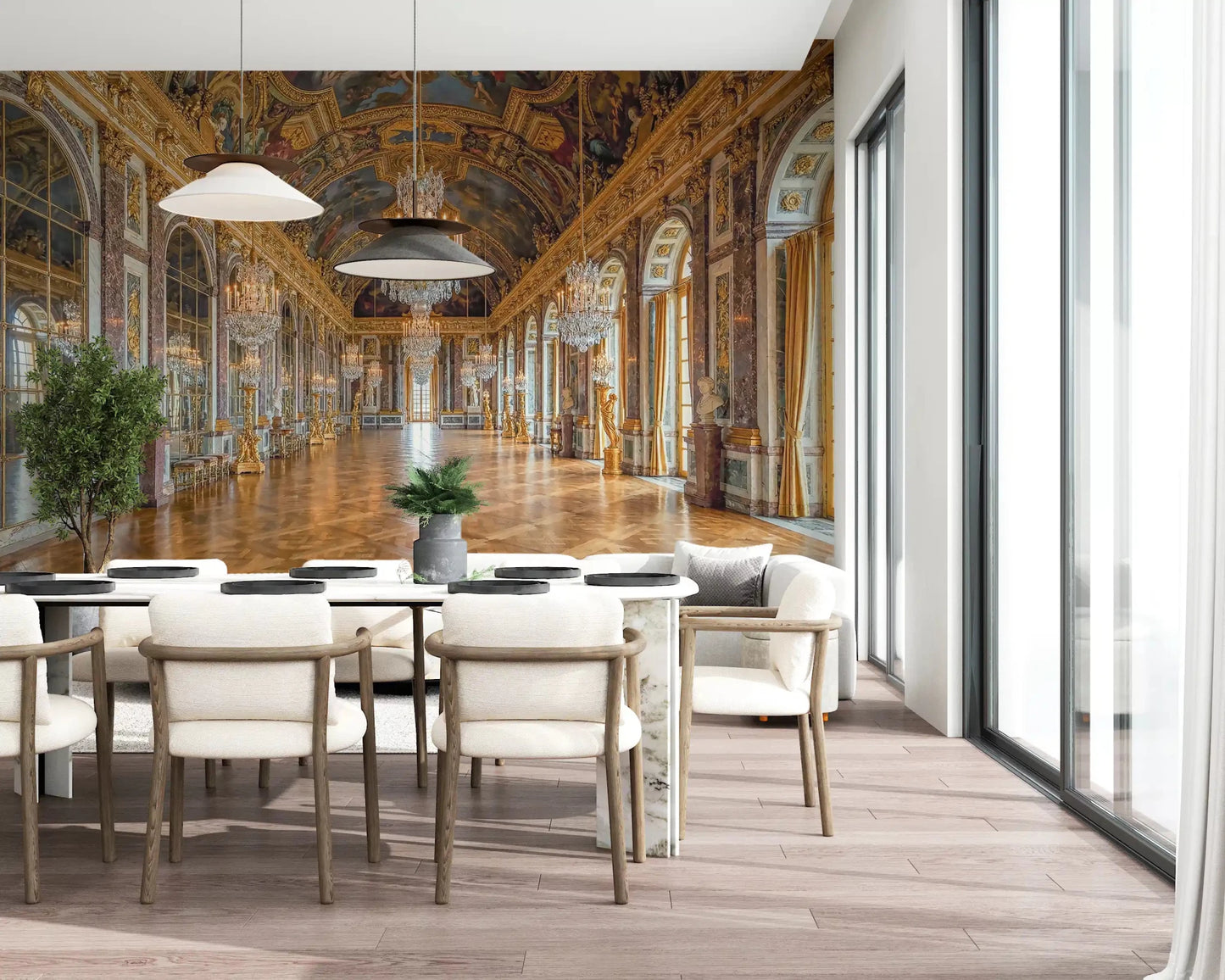 Dining space carries forward into a palace corridor with this Versailles wall mural.GD9530
