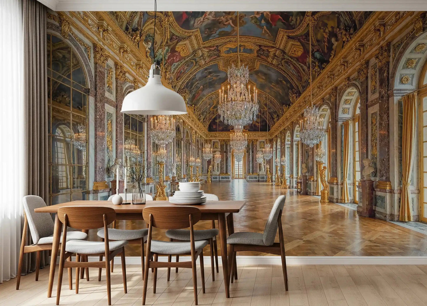 Painted frescoes in soft blue and gold cap this Hall of Mirrors wall mural surface.GD9530