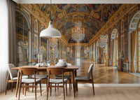 Painted frescoes in soft blue and gold cap this Hall of Mirrors wall mural surface.GD9530