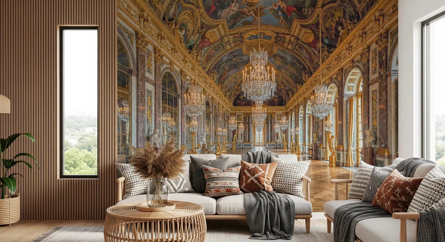 Painted ceiling detail spreads above the hallway through this Versailles wall mural.GD9530