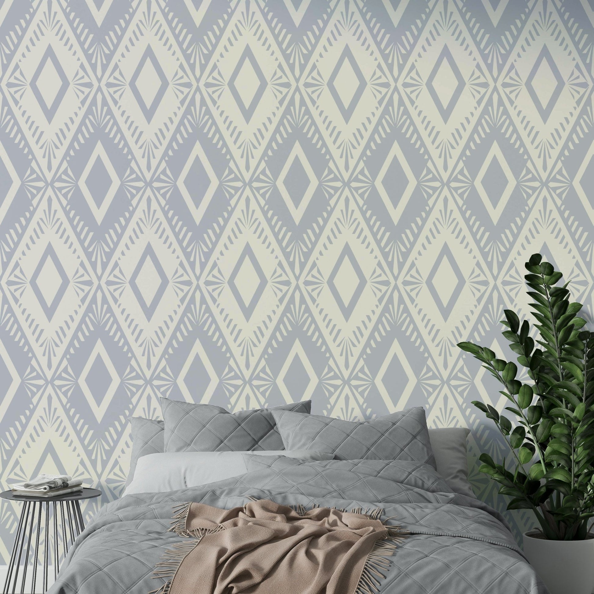 An angled shot of a wall with rhombus wallpaper

