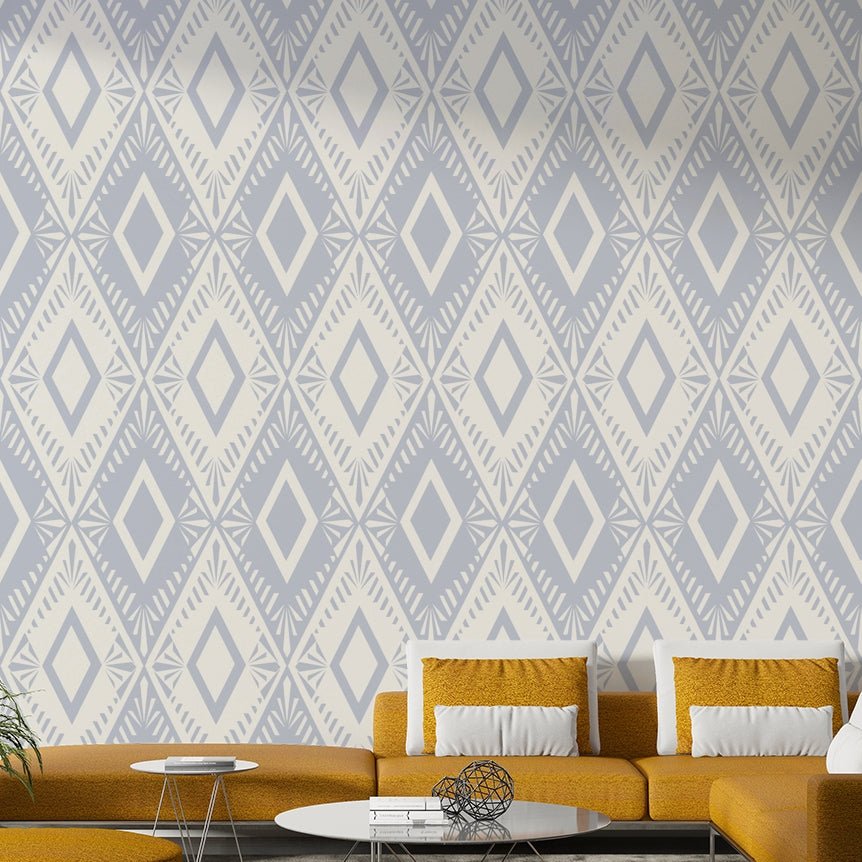 A living room decorated with a geometric mural

