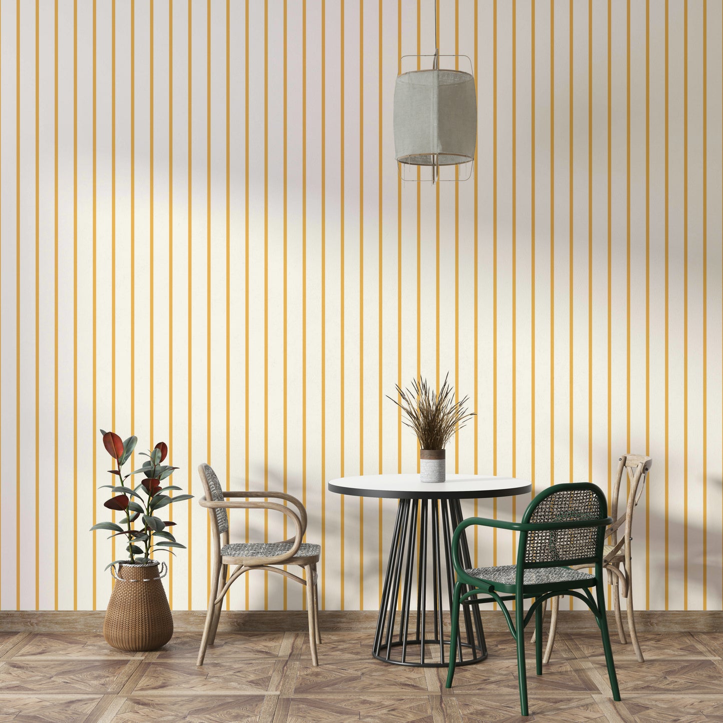 Yellow striped wallpaper with vertical lines pattern

