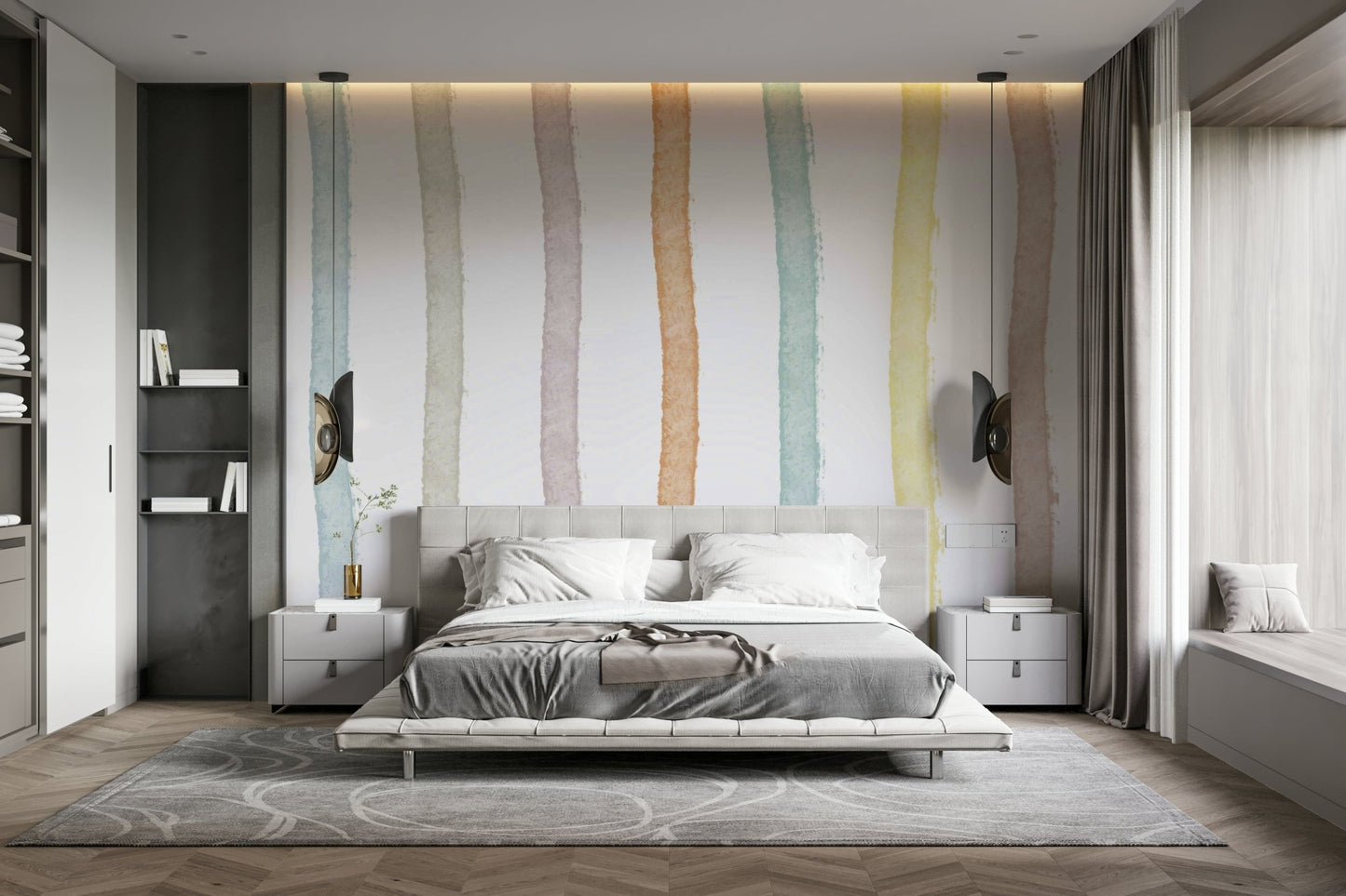 A beautiful abstract watercolor wallpaper mural with vertical lines.

