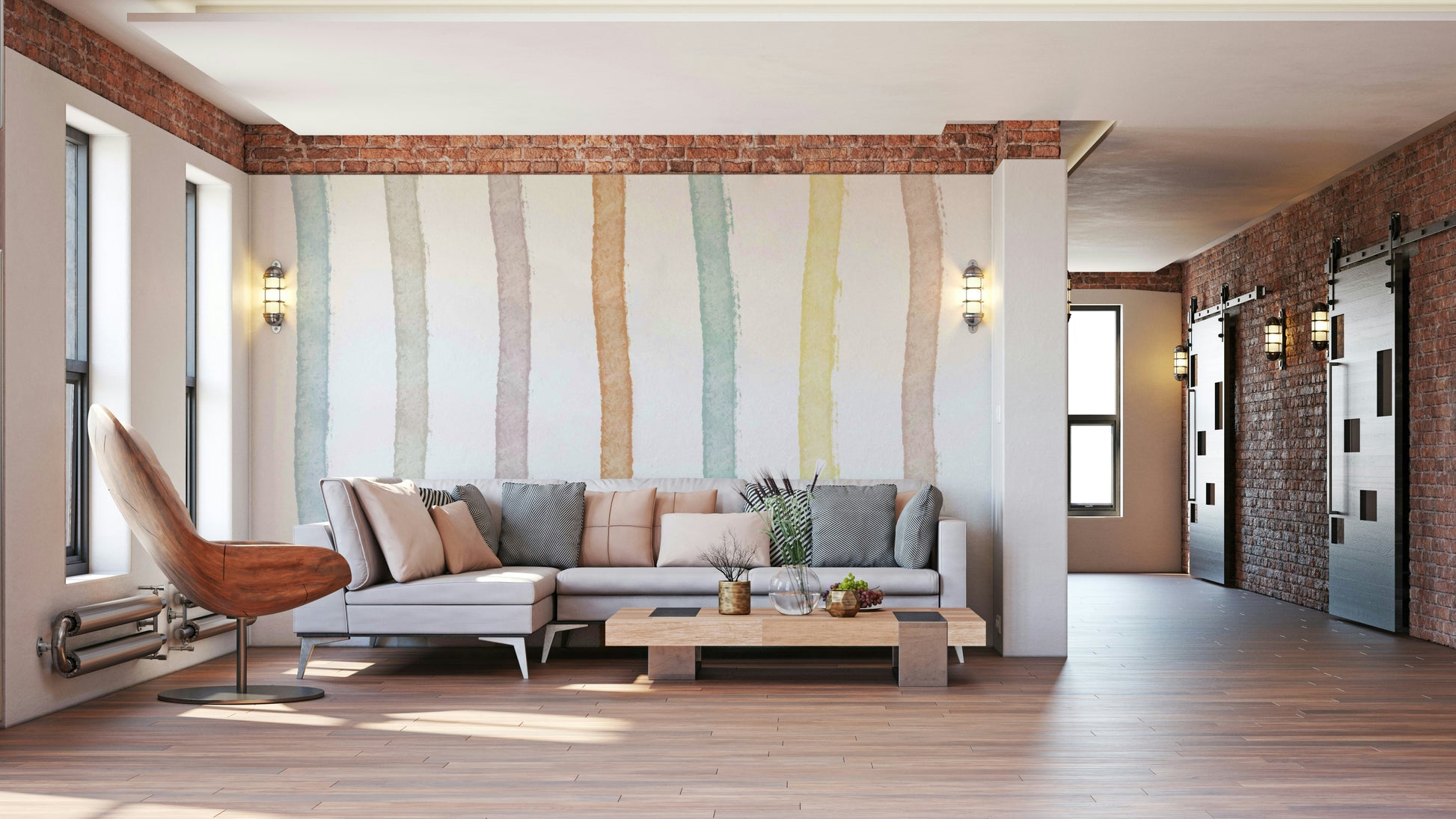 A calming modern design wallpaper mural that defines a space.

