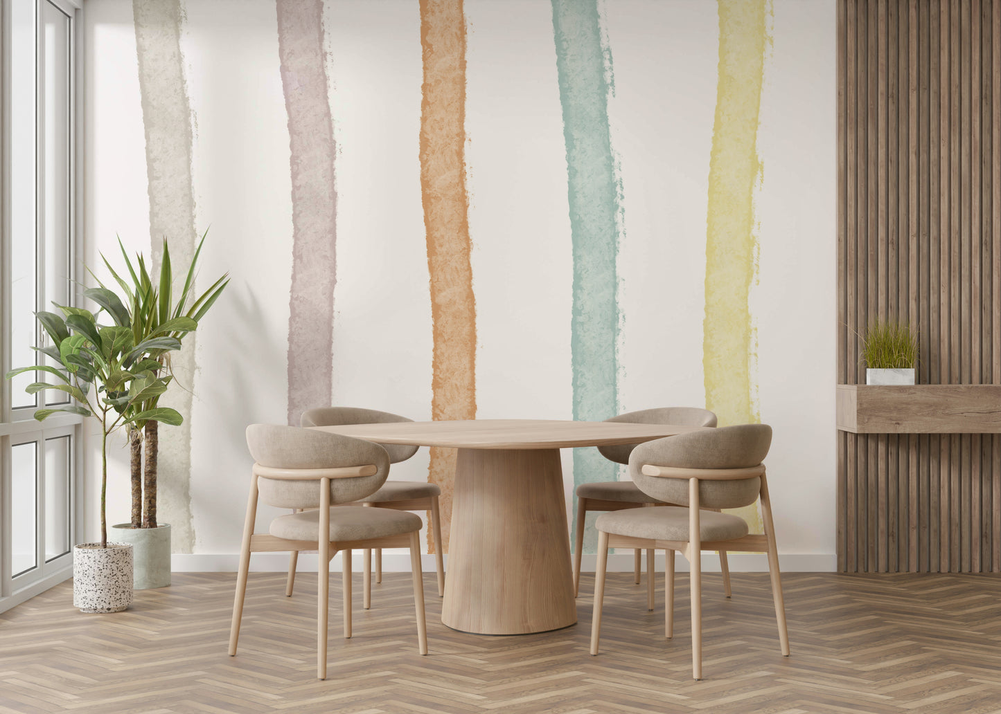 An artistic modern stripe mural on minimalist wallpaper.

