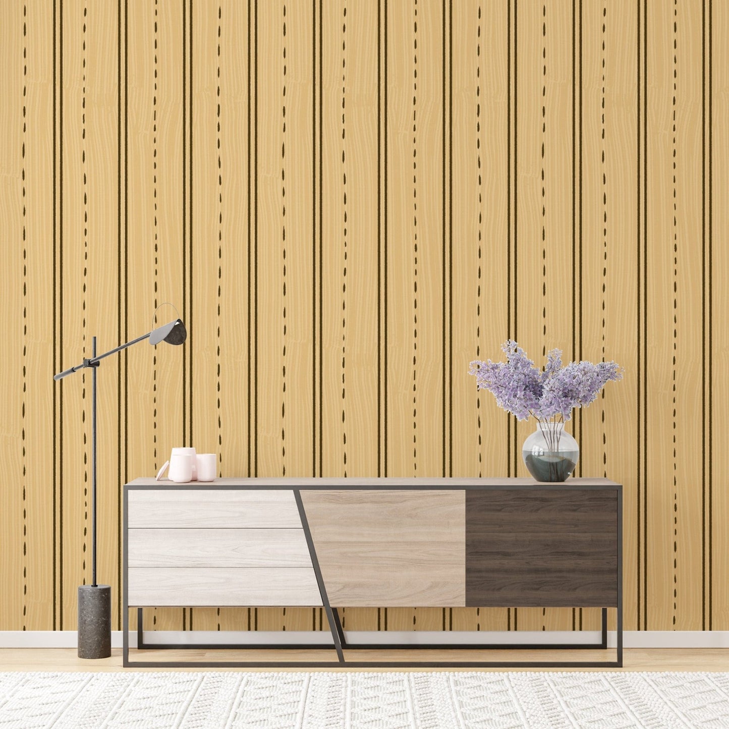 Modern vertical wooden striped wallpaper for sleek interiors. RNM05