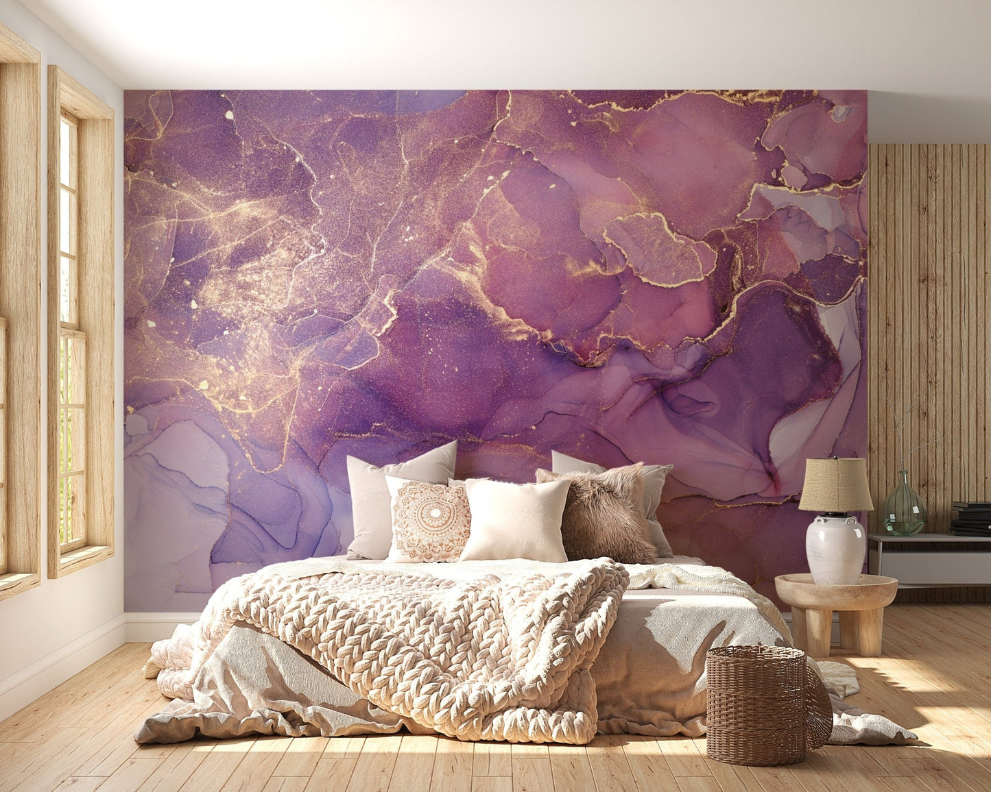 Dynamic marble design mural with vibrant hues
