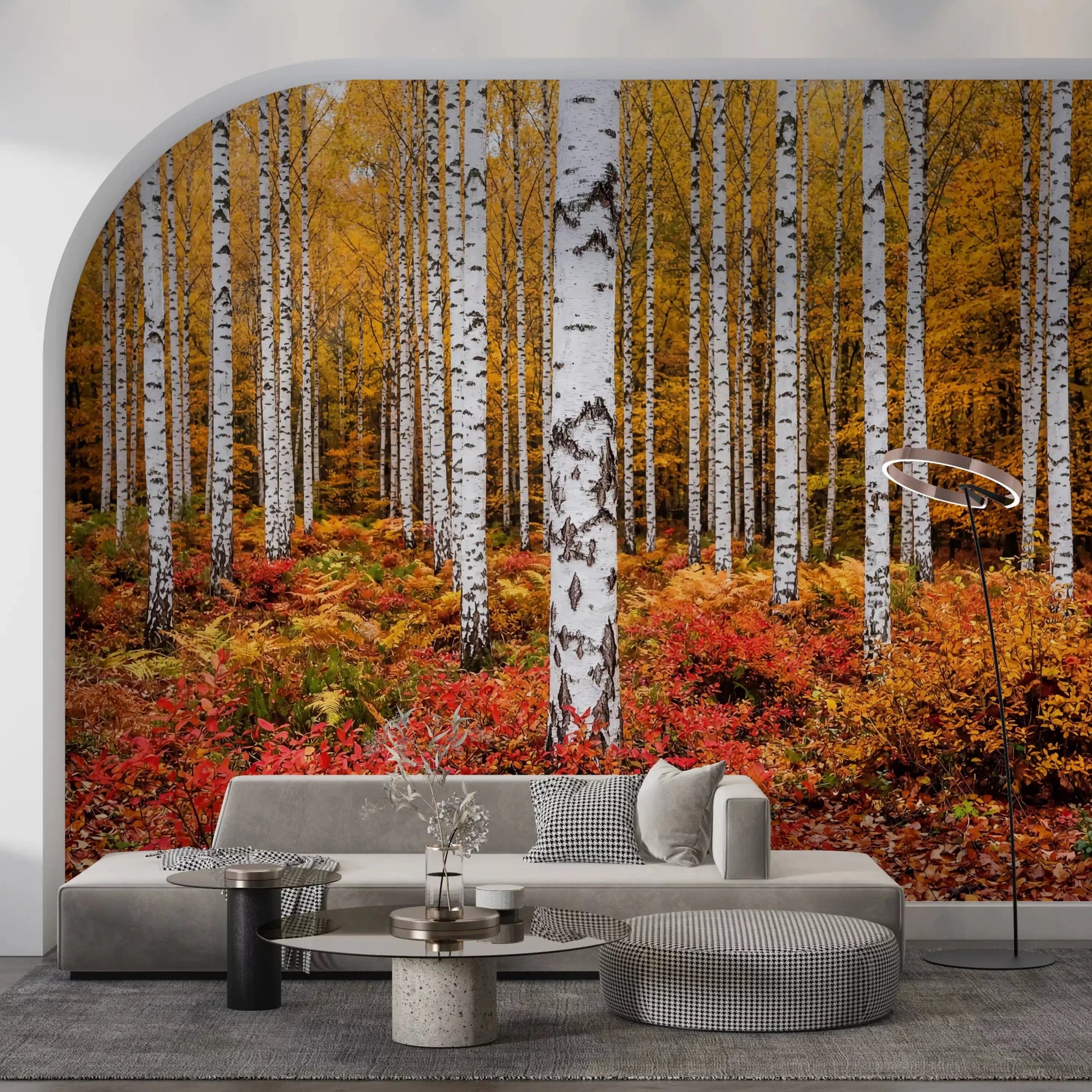 Vibrant Autumn Birches wall mural featuring colorful ground cover