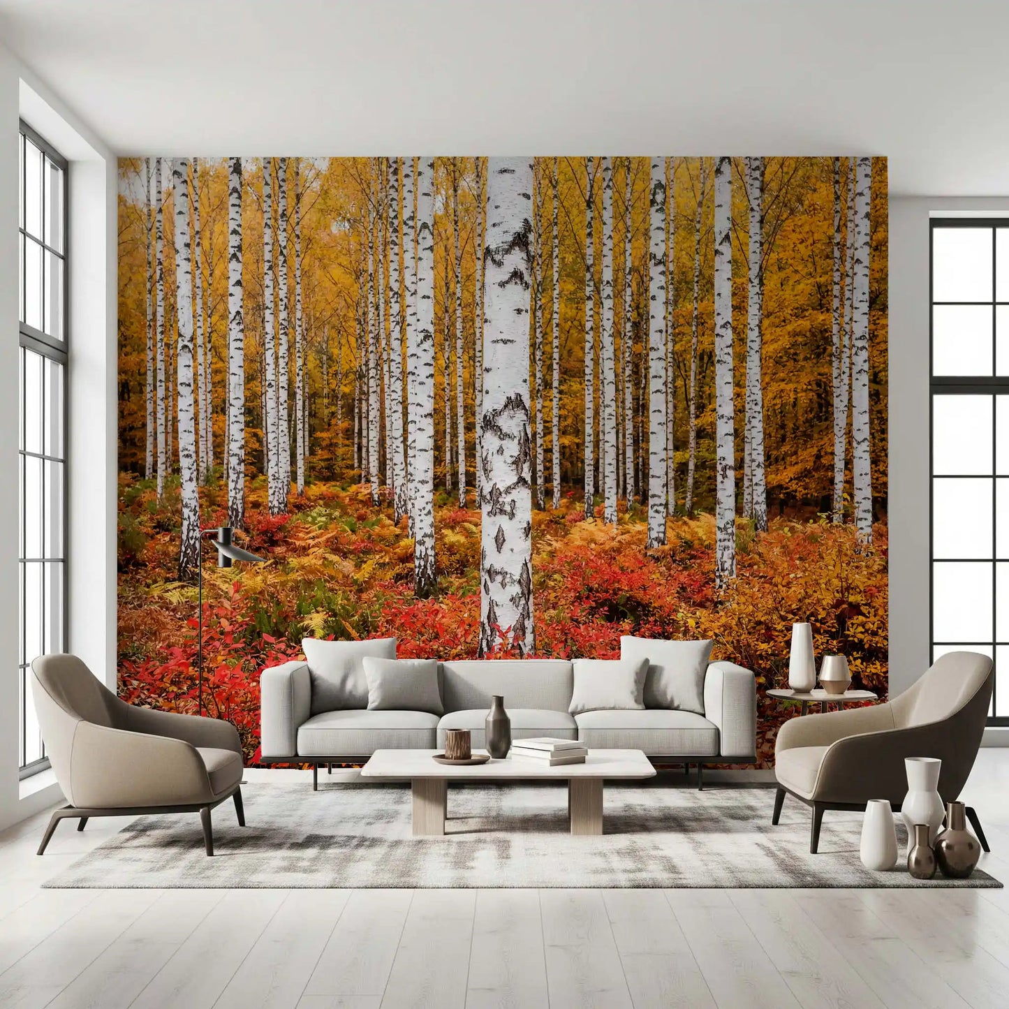 Vibrant Autumn Birches wall mural with dense woodland and fall tones