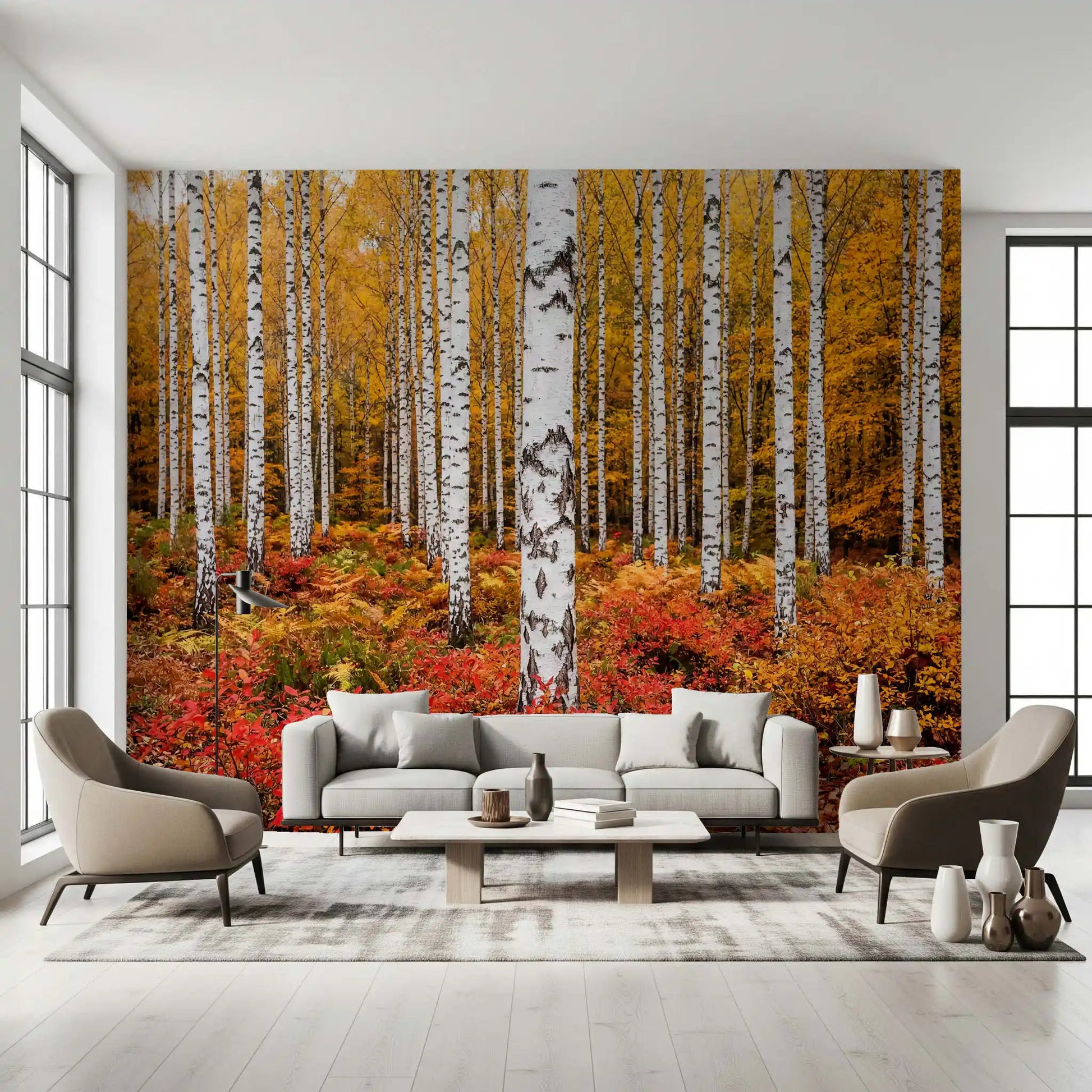 Vibrant Autumn Birches wall mural with dense woodland and fall tones