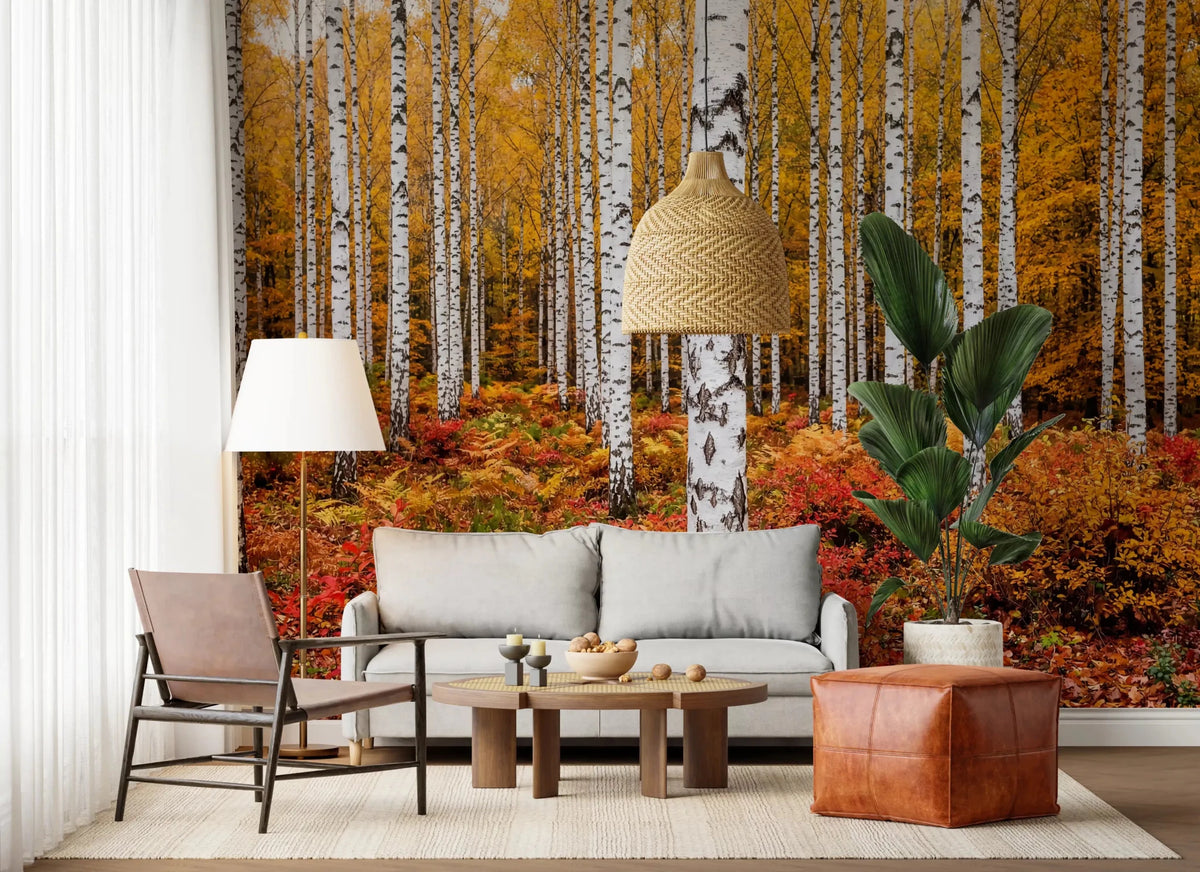 Living room styled with Vibrant Autumn Birches wall mural forest scene, GD9248