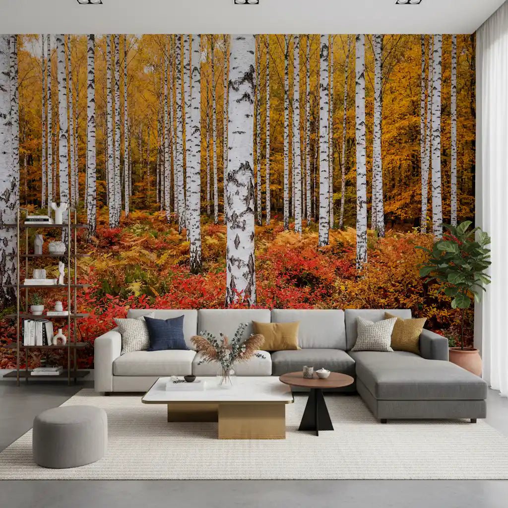 Autumn forest wall mural with Vibrant Autumn Birches tree pattern