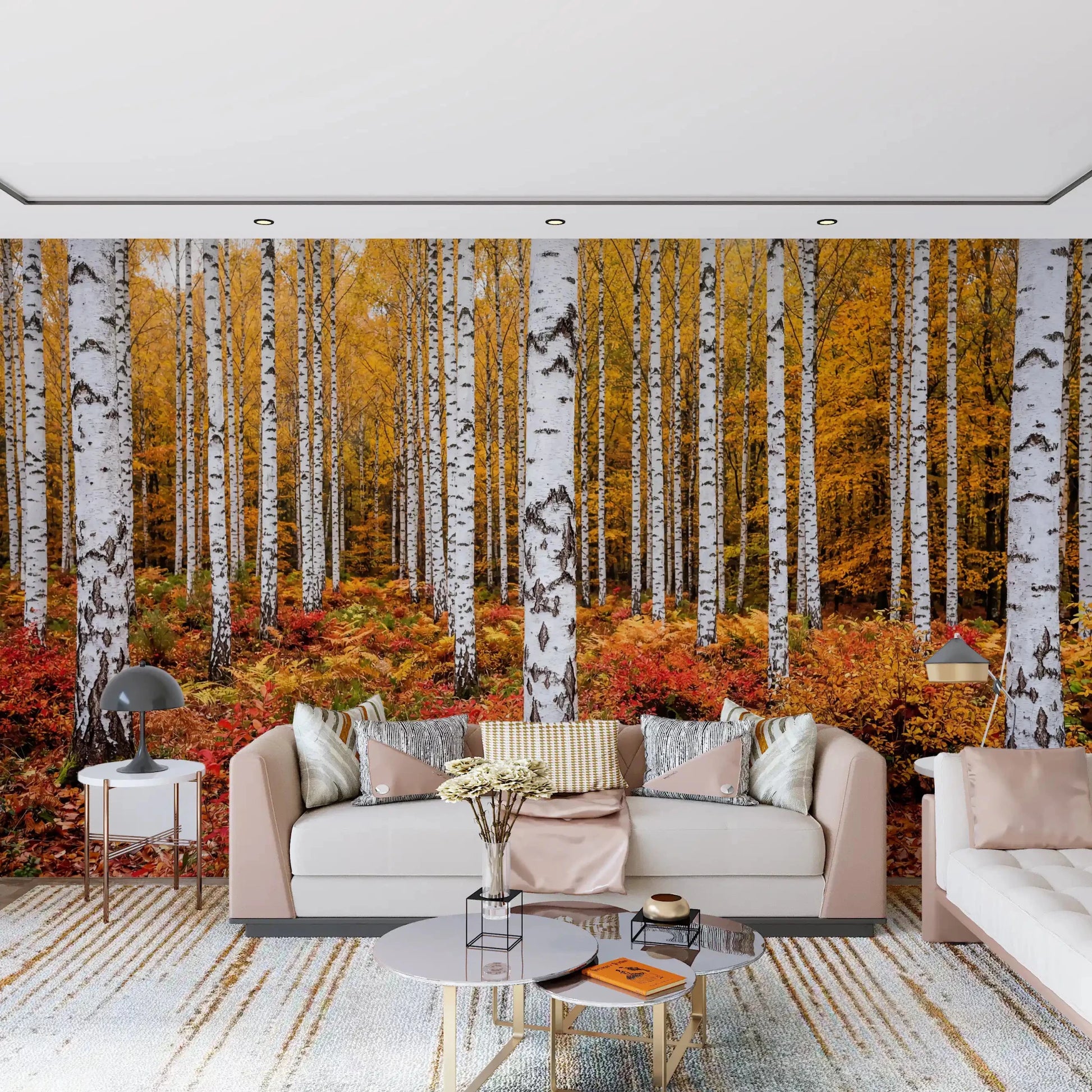 Hallway design using Vibrant Autumn Birches wall mural birch trees