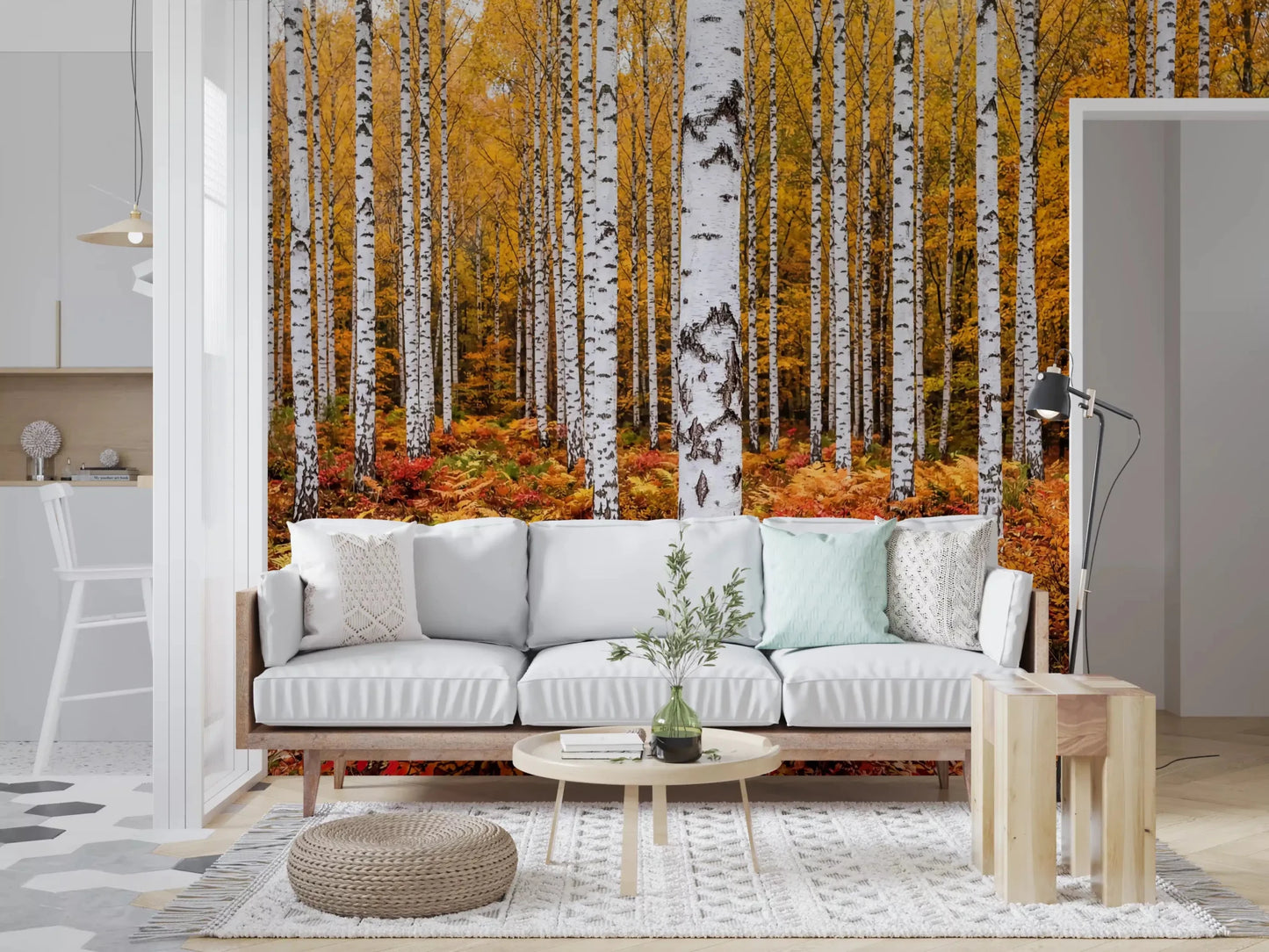 Vibrant Autumn Birches wall mural showing white birch trunks and foliage