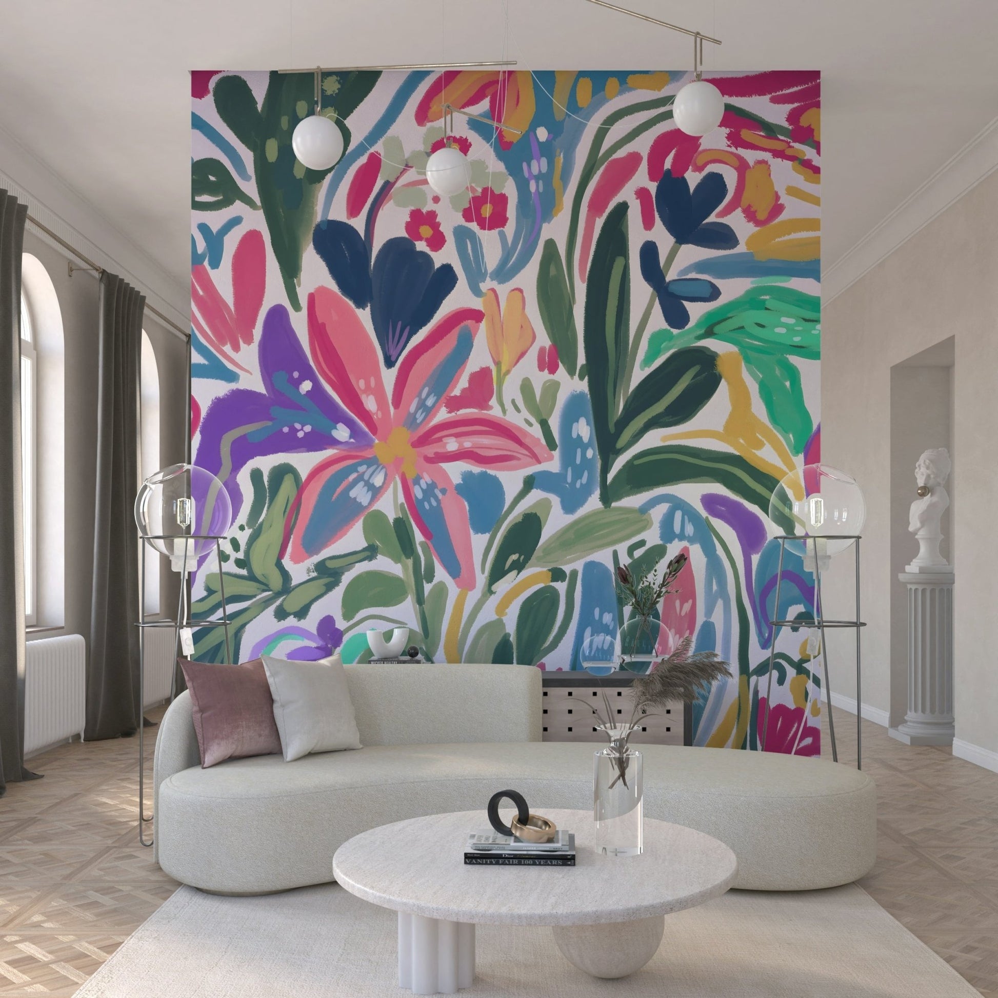 A peaceful flower design mural on decorative wallpaper.