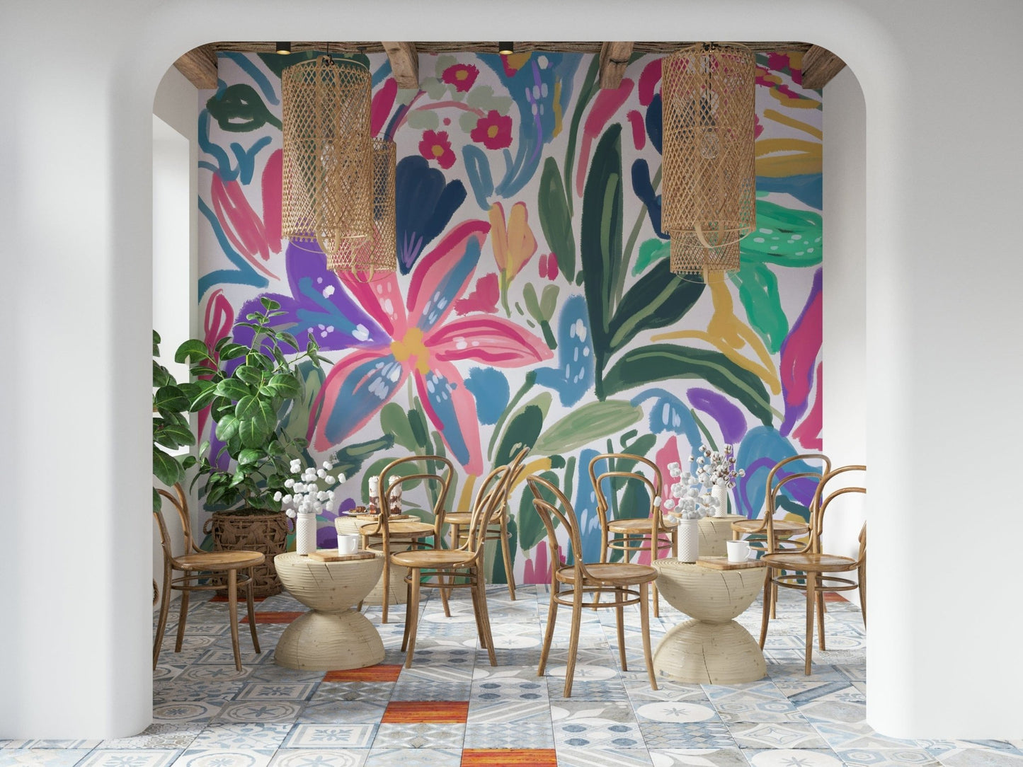 A contemplative floral pattern wallpaper mural for a feature wall.