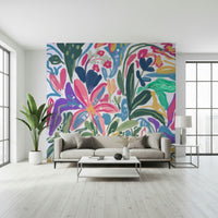 An artistic delicate bloom mural on minimalist wallpaper.