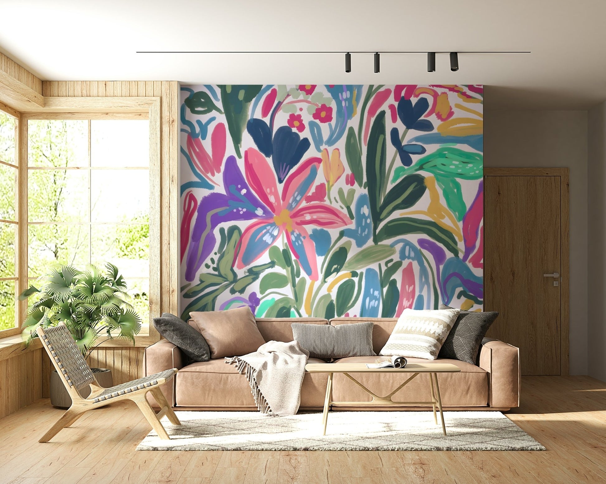 A graceful subtle flower wall mural in bright, bold tones.