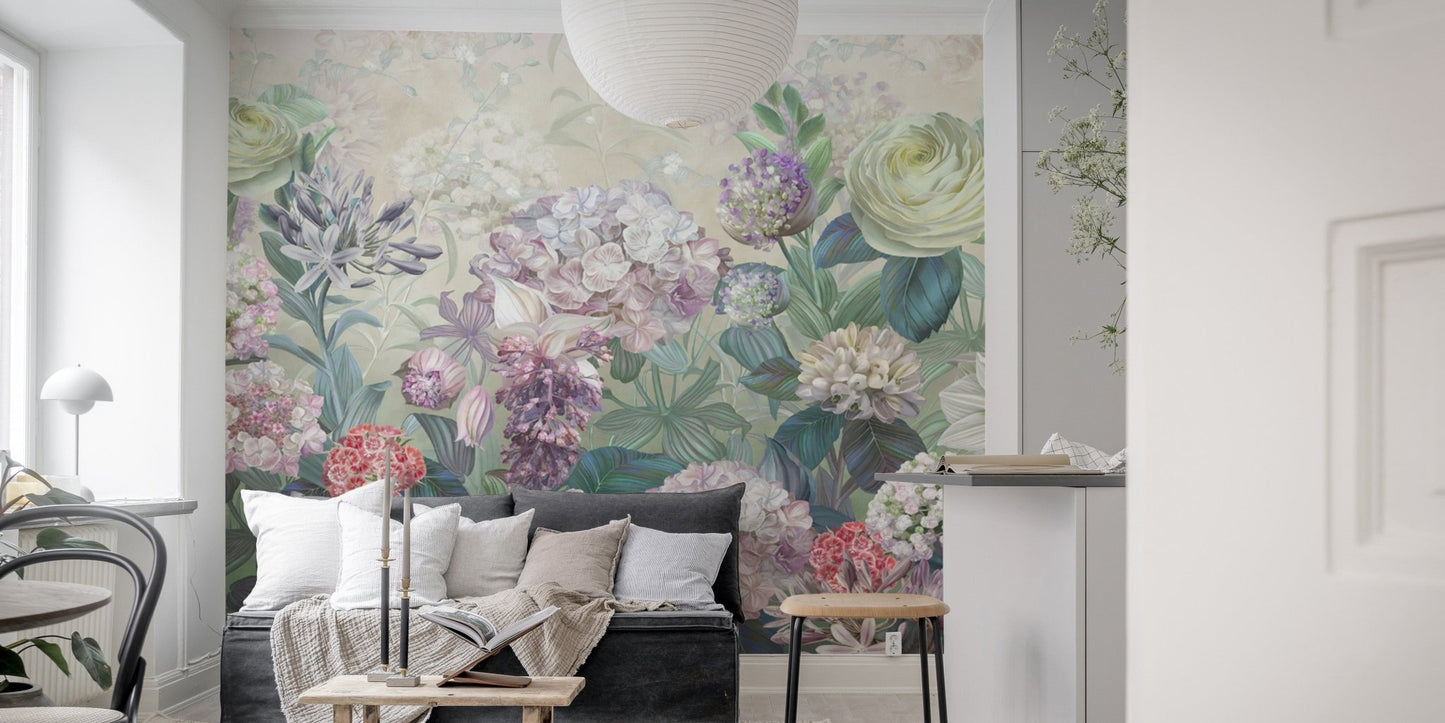 Botanical wallpaper with vibrant flowers
