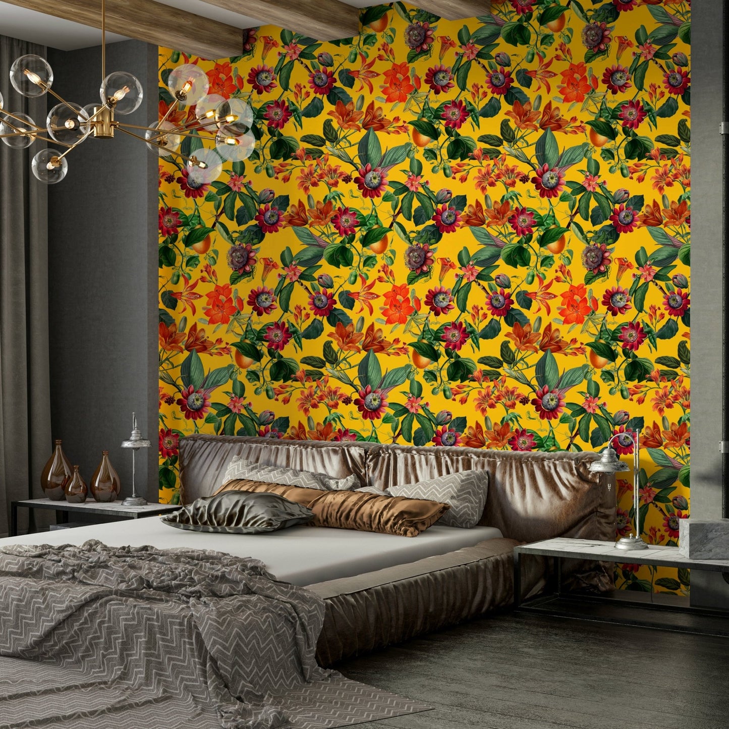 Bold and bright botanical rhapsody wallpaper with lush plants.

