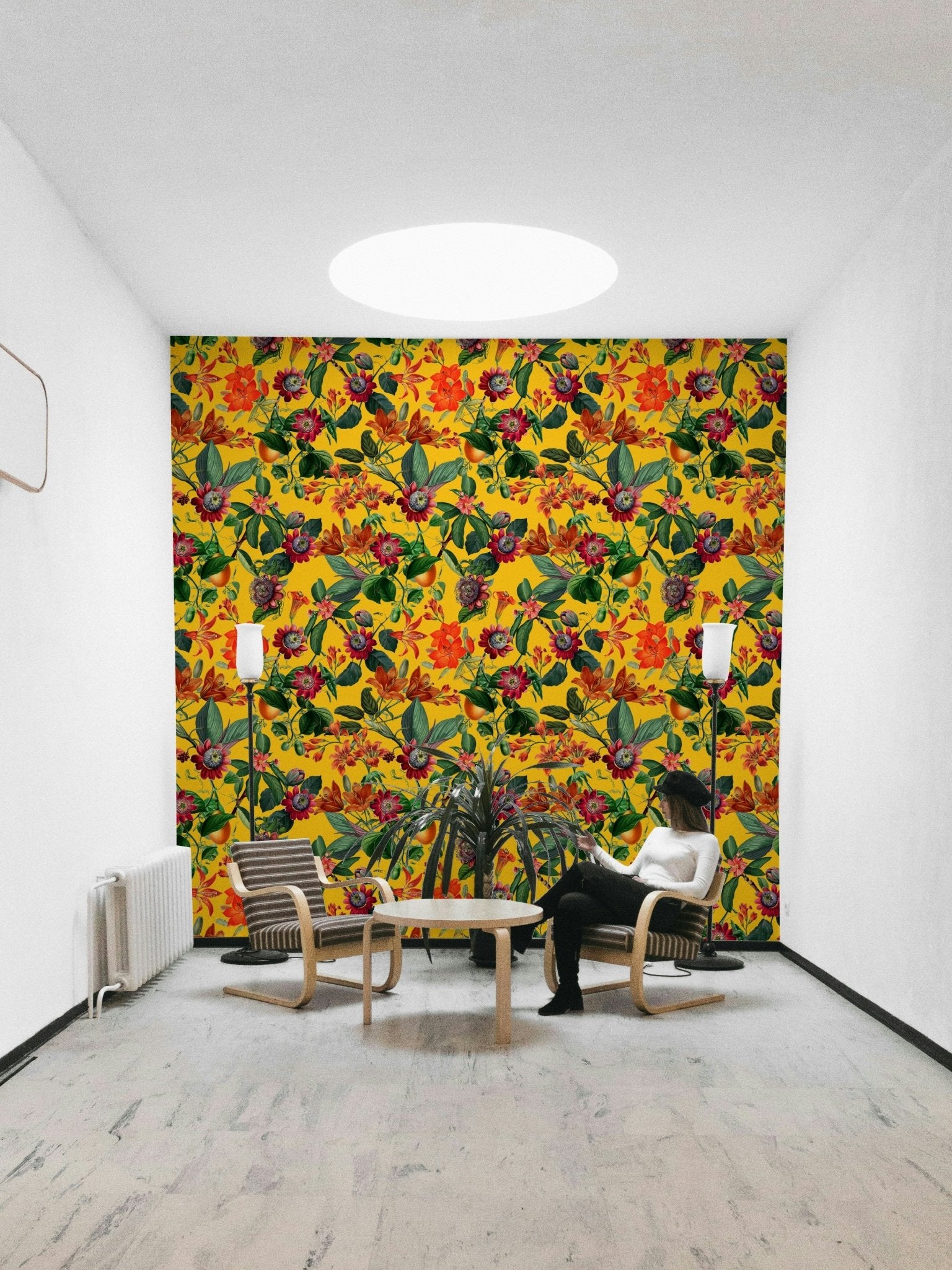 Bright floral design with exotic plants in botanical wallpaper.

