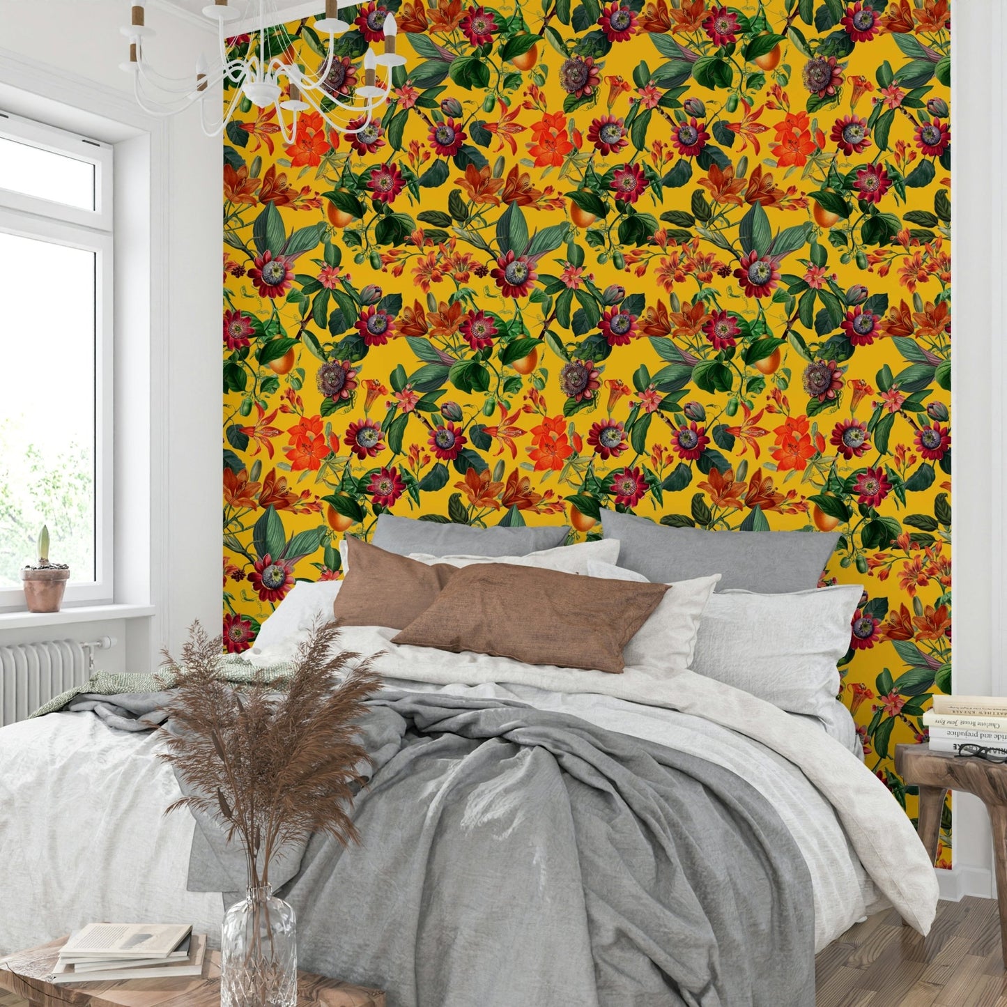 Fresh and tropical botanical rhapsody wallpaper on a wall.

