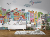 Cartoonish city mural wallpaper for kids' bedroom decor