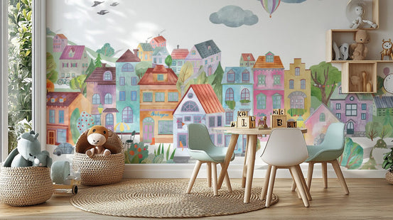 Colorful cityscape wallpaper for vibrant kids room decor, C26
