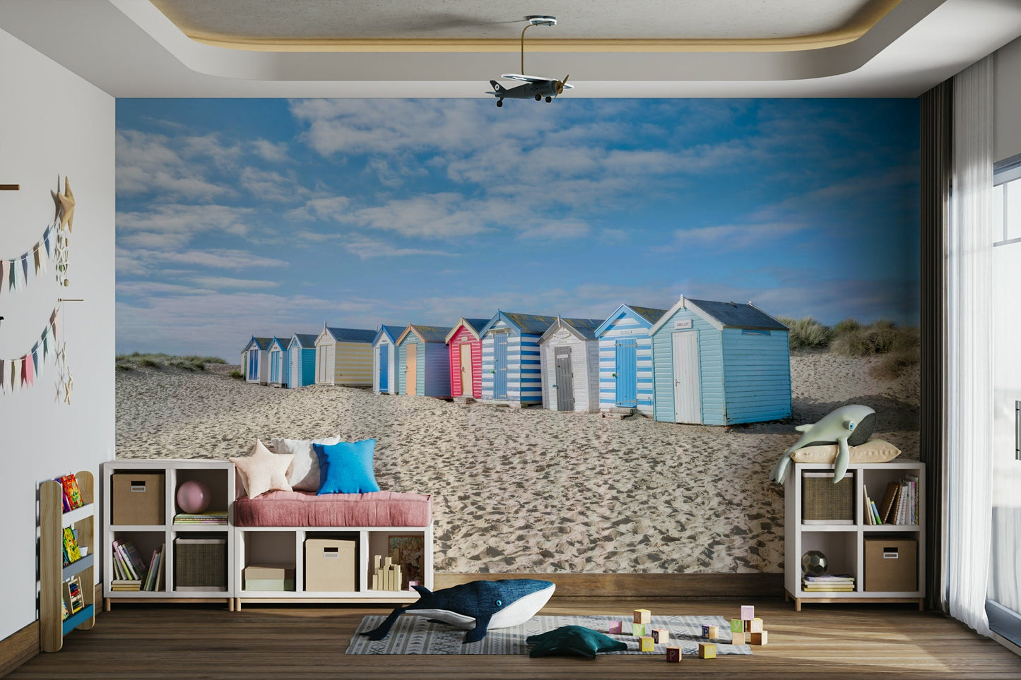 An artistic coastal shed mural on minimalist wallpaper.

