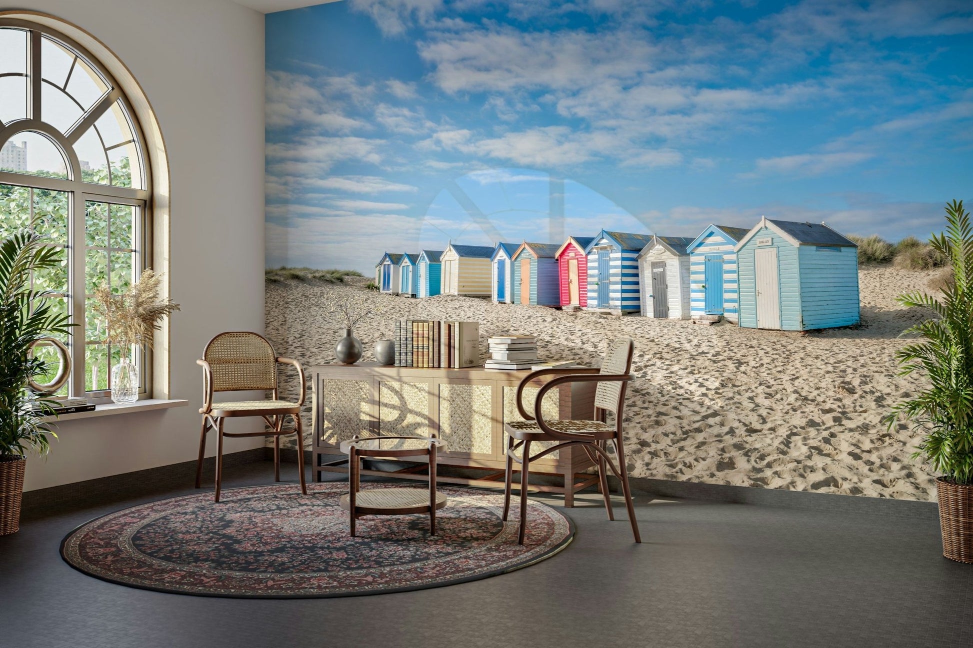 A beautiful row of colorful beach hut wallpaper mural.

