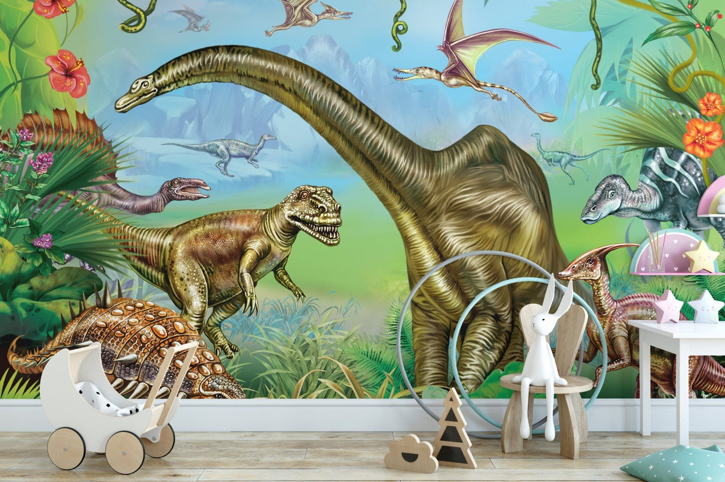 Bright vibrant dinosaur world wallpaper for walls A185
