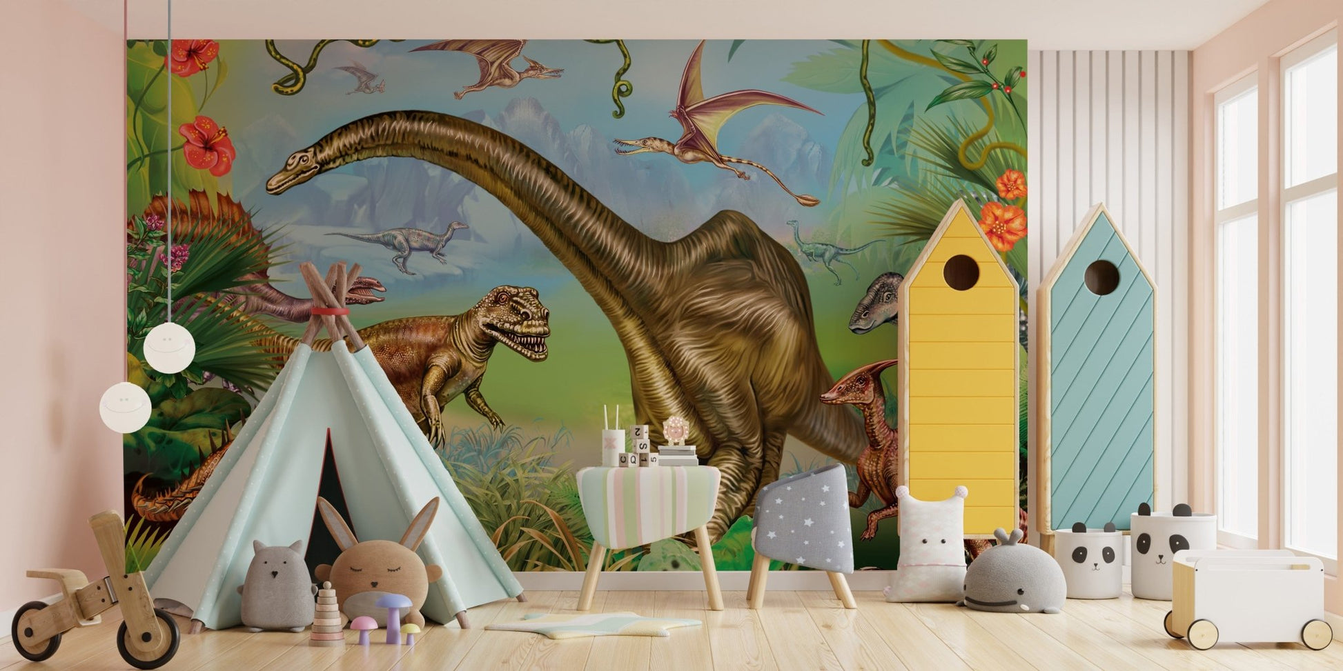 Colorful dinosaur world wallpaper for kids' rooms A185