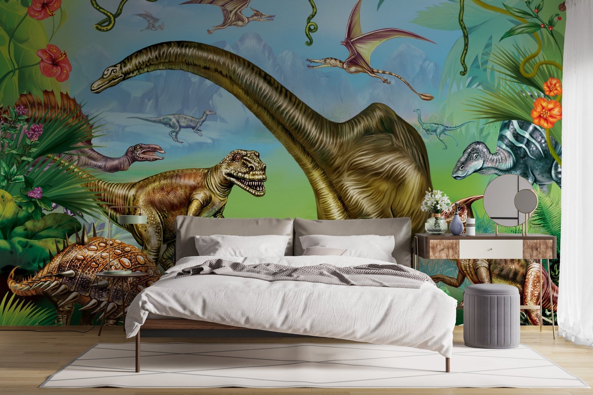 Vibrant colored dinosaur world wallpaper design A185